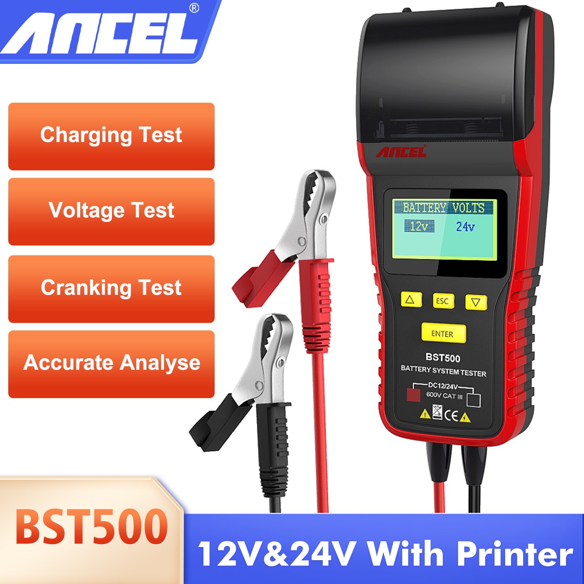 ANCEL BST500 12V 24V Battery Tester Analyzer For Car Heavy Duty Truck w/ Printer