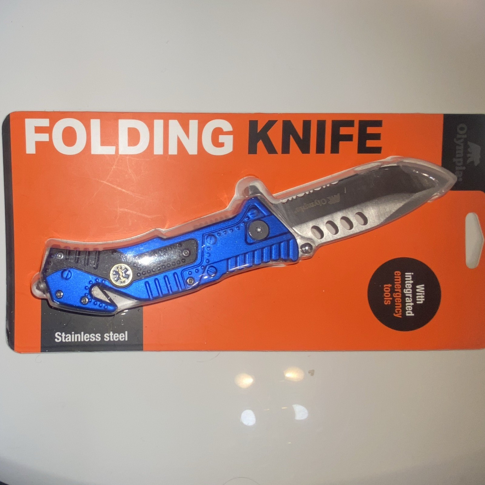 Olympia Folding Knife 3in Stainless Blade Blue/Black Metal Handle Belt Cutter