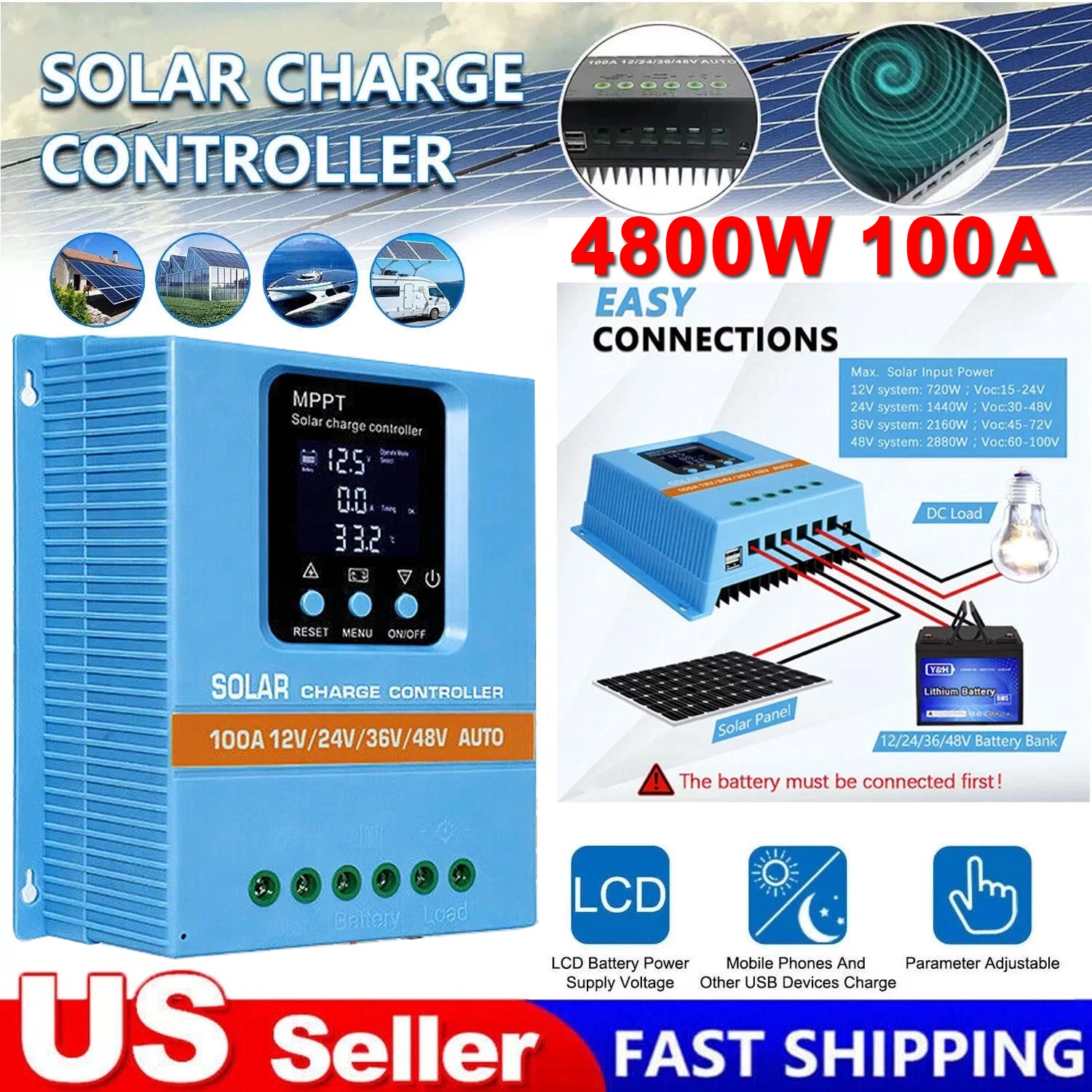 4800W MPPT Solar Charge Controller 100A/12V 24V 36V 48V USB Battery PV Regulator