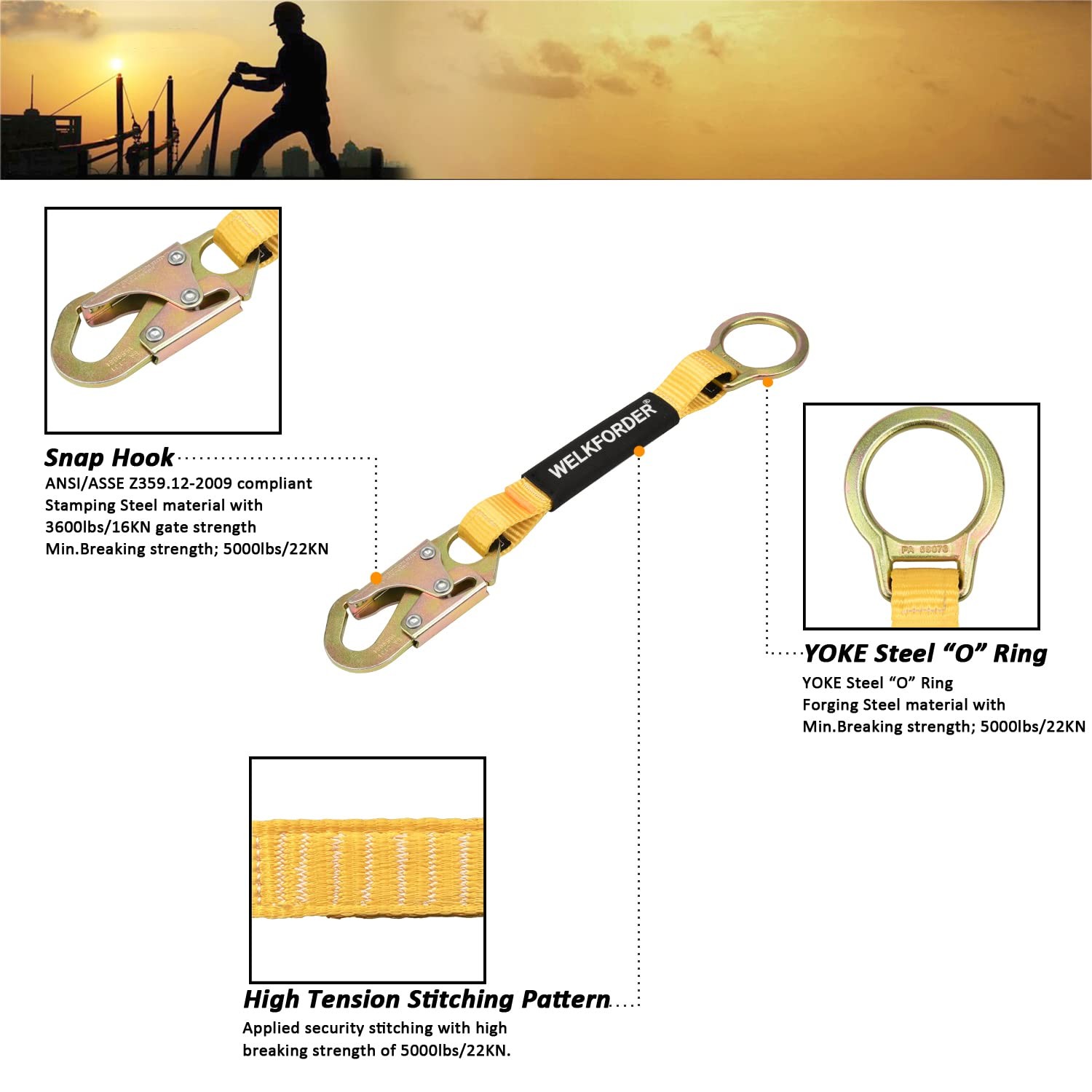 WELKFORDER 18-Inch D-Ring Extender Fall Protection with Snap Hook 18"
