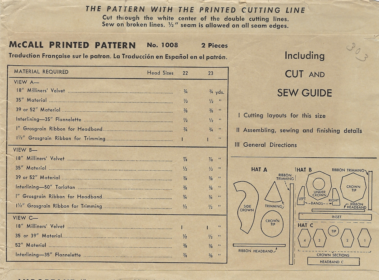 1942 WW2 Vintage Sewing Pattern HAT S22" (R131)