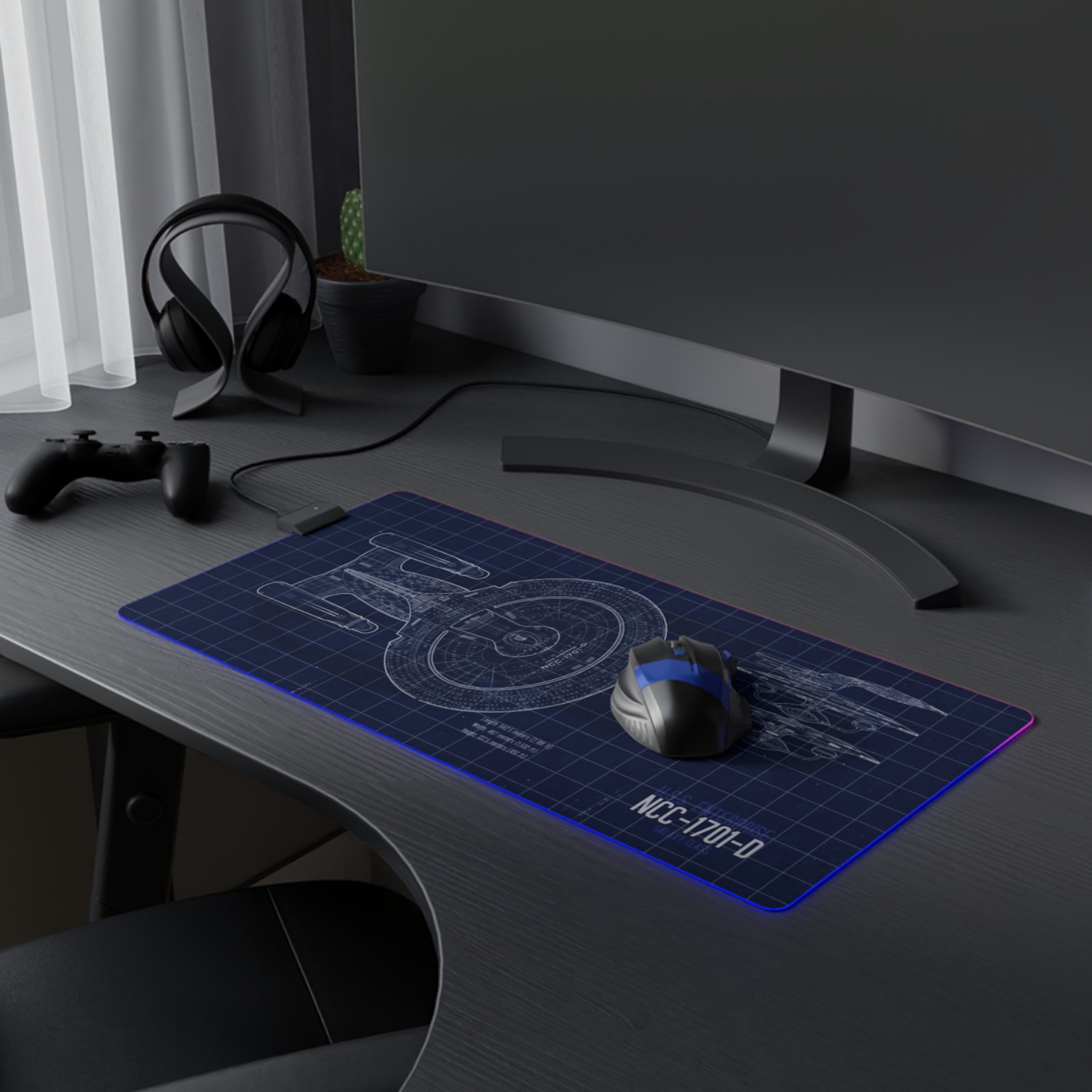 LED Desk Mat - Klingon Bird of Prey, Star Trek blueprint mousepad I RGB edged