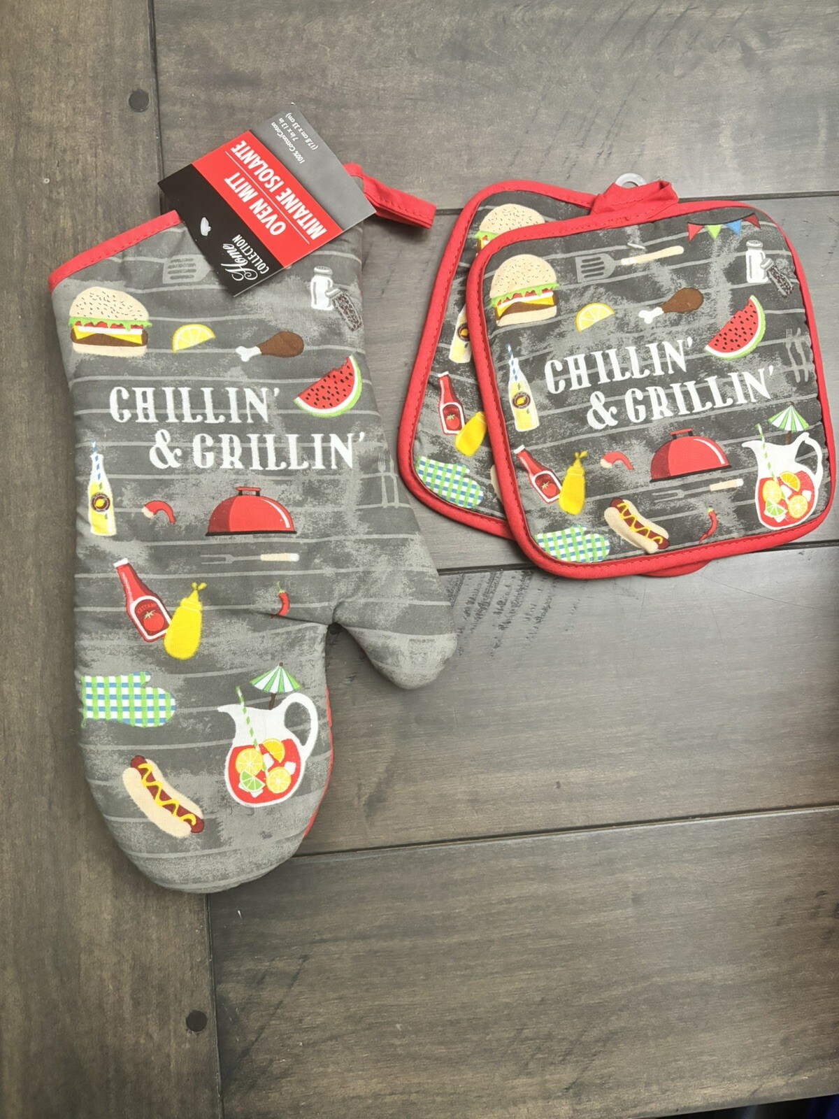 3 Piece Kitchen Set Grillin' & Chillin' BBQ Summer 1 Oven Mitt 2 Pot Holders NEW