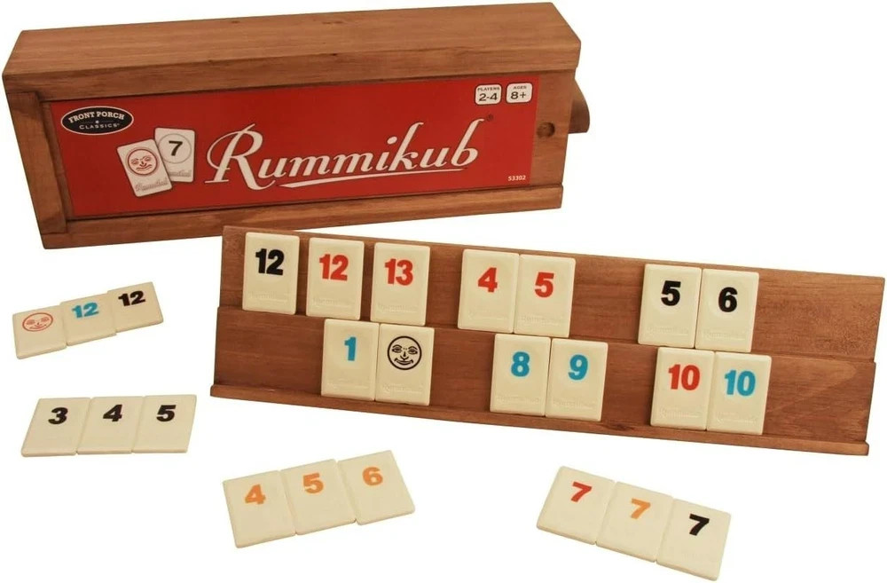 , Rummikub Vintage Edition in All-Wood Storage Case with 4 Built-In Player Tr...