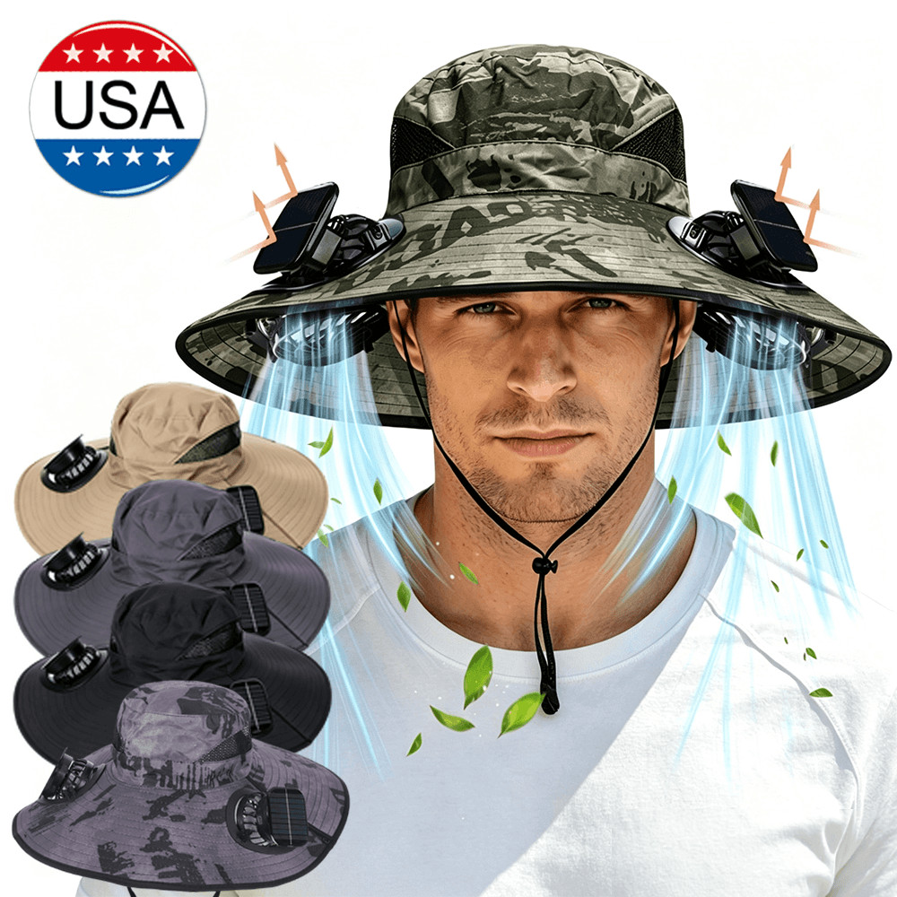 Outdoor Wide Brim Sun Hat with 3 Solar Fan UV Protection Hiking Camping Fishing
