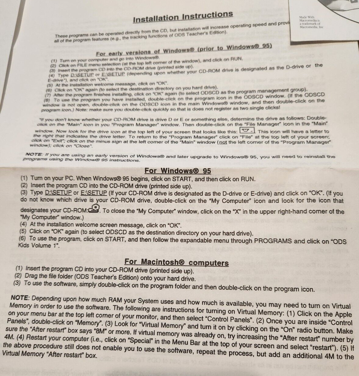 1997 Macromedia Ohio Distinctive Software Volume 1 Computer Program w/ Paperwork