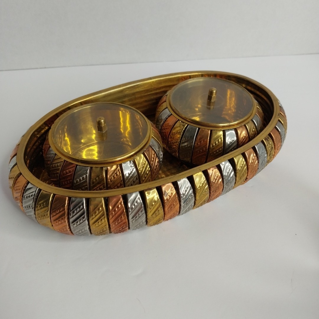 Tri-Color Metal 3 Piece Set Tray w/ 2 Lidded Containers  Great for Trinkets