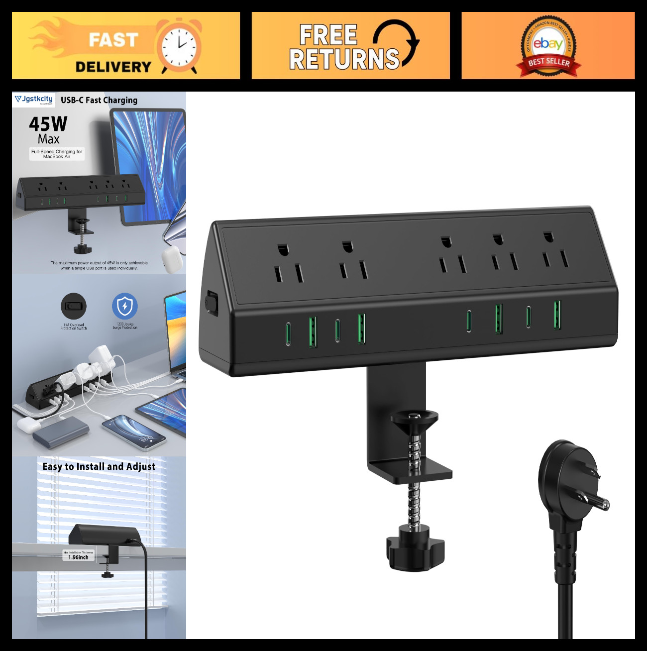 Desk Clamp Power Strip 45W Fast Charger, 4 USB-C & USB-A Ports, Surge Protector,