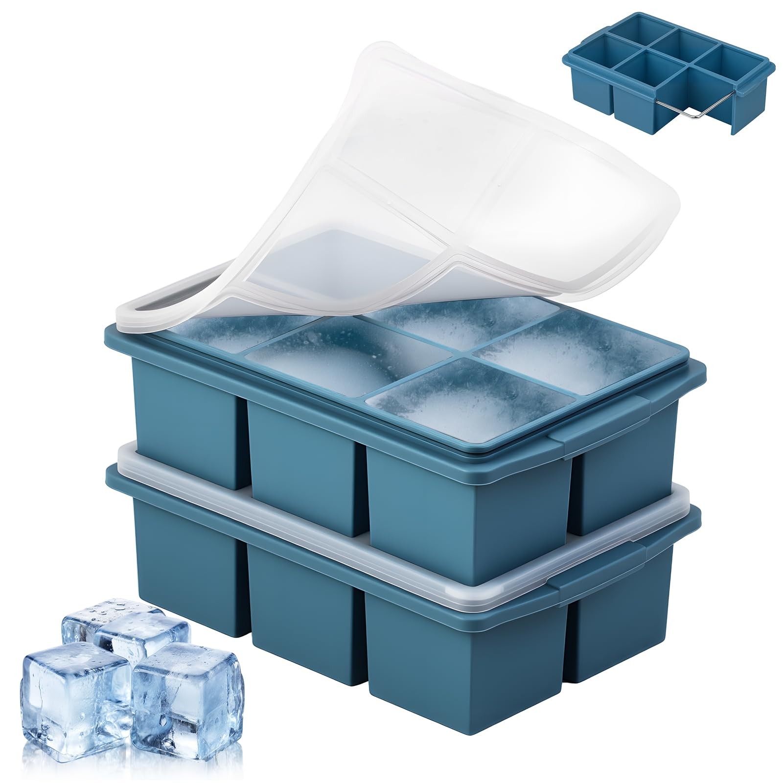 Large Ice Cube Trays for Whiskey (2 Pack) - Silicone Ice Cube Molds with Steel F