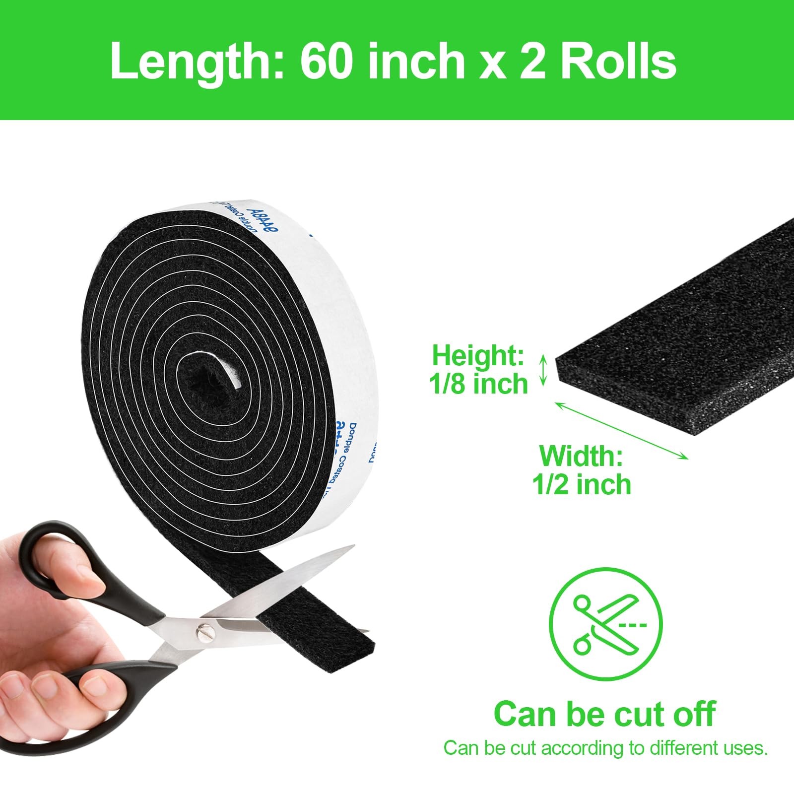 Felt Strips with Adhesive Backing, Tape 2 Rolls 1/2x60 inch, Black