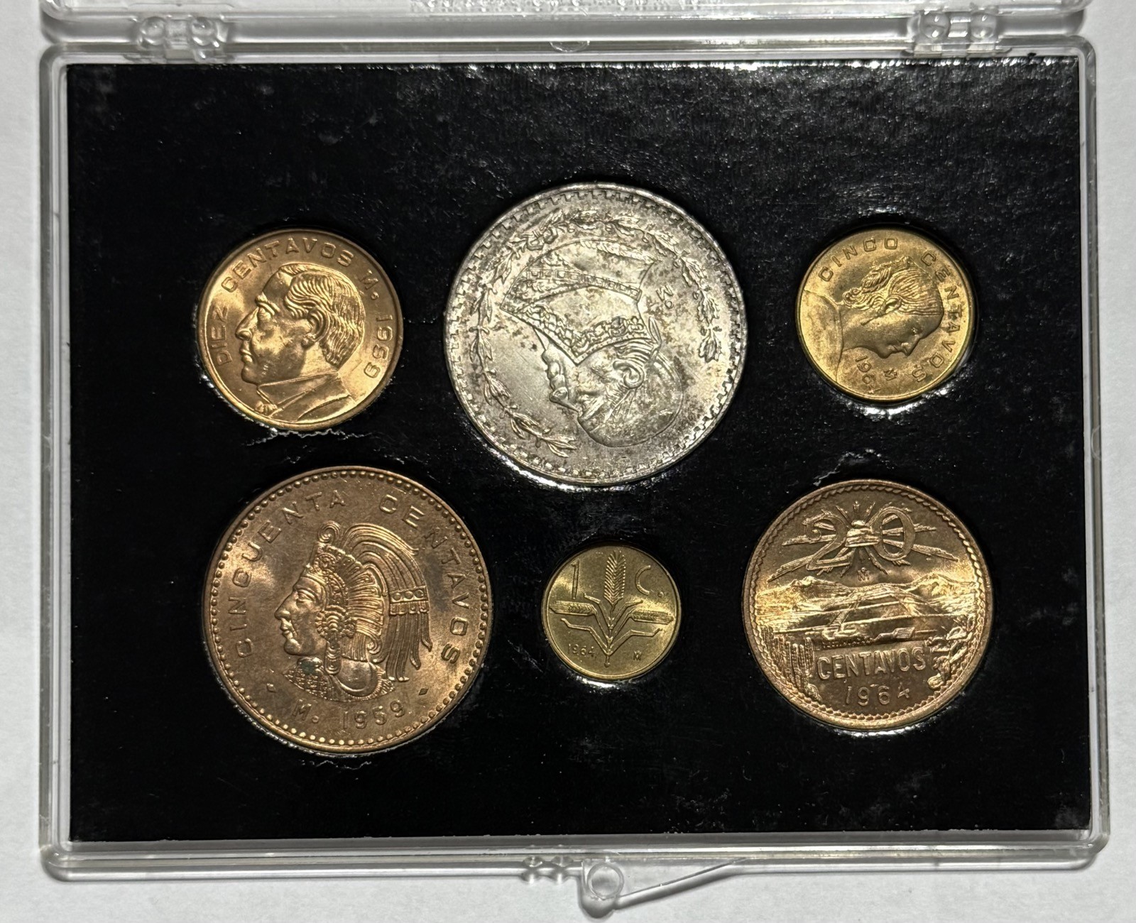 1959 & 1964 Mexico 6 Coin Lot W/ Silver Peso In Snap Case - Neat Set! ADAY