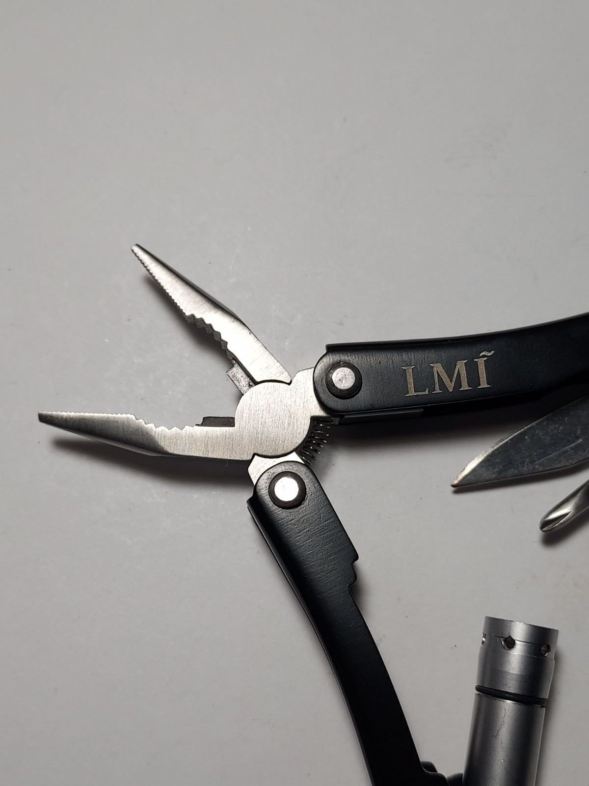 Black Mini Multi Tool with initials LMI + Nylon Pouch - Pliers, Blade