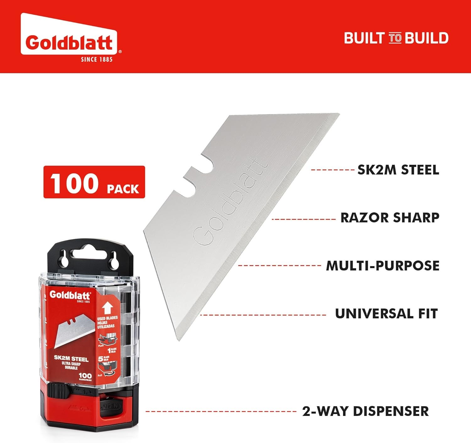 Goldblatt 100-Packs Utility Knife Blades Premium Tempered SK2M Steel w/Dispenser