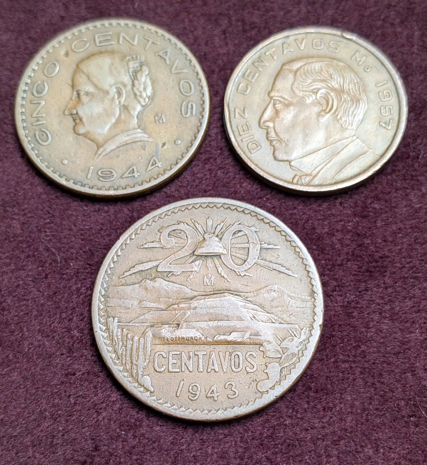 Lot of 3 Mexico Centavo Coins. 1943 20 Centavos, 1944 5 Centavos, 1957 10...