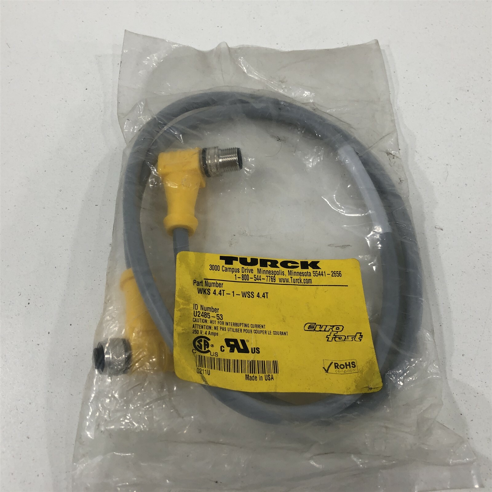 Turck WKS 4.4T-1-WSS Single Ended Cordset Right Angle Female 7/8" Minifast