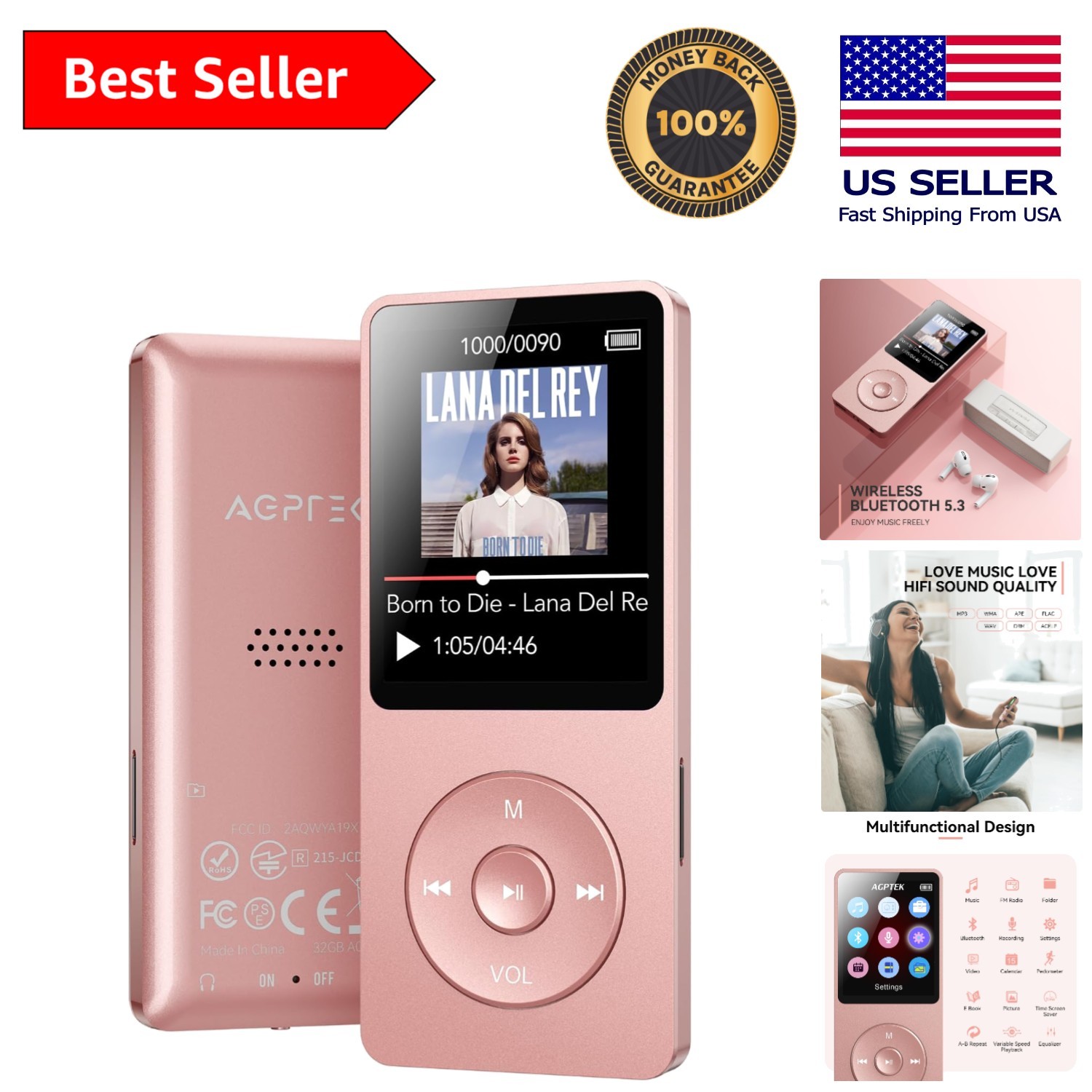 Portable Bluetooth 5.3 Music Player - 32GB, FM, Speaker, 40H Playback Rose Gold