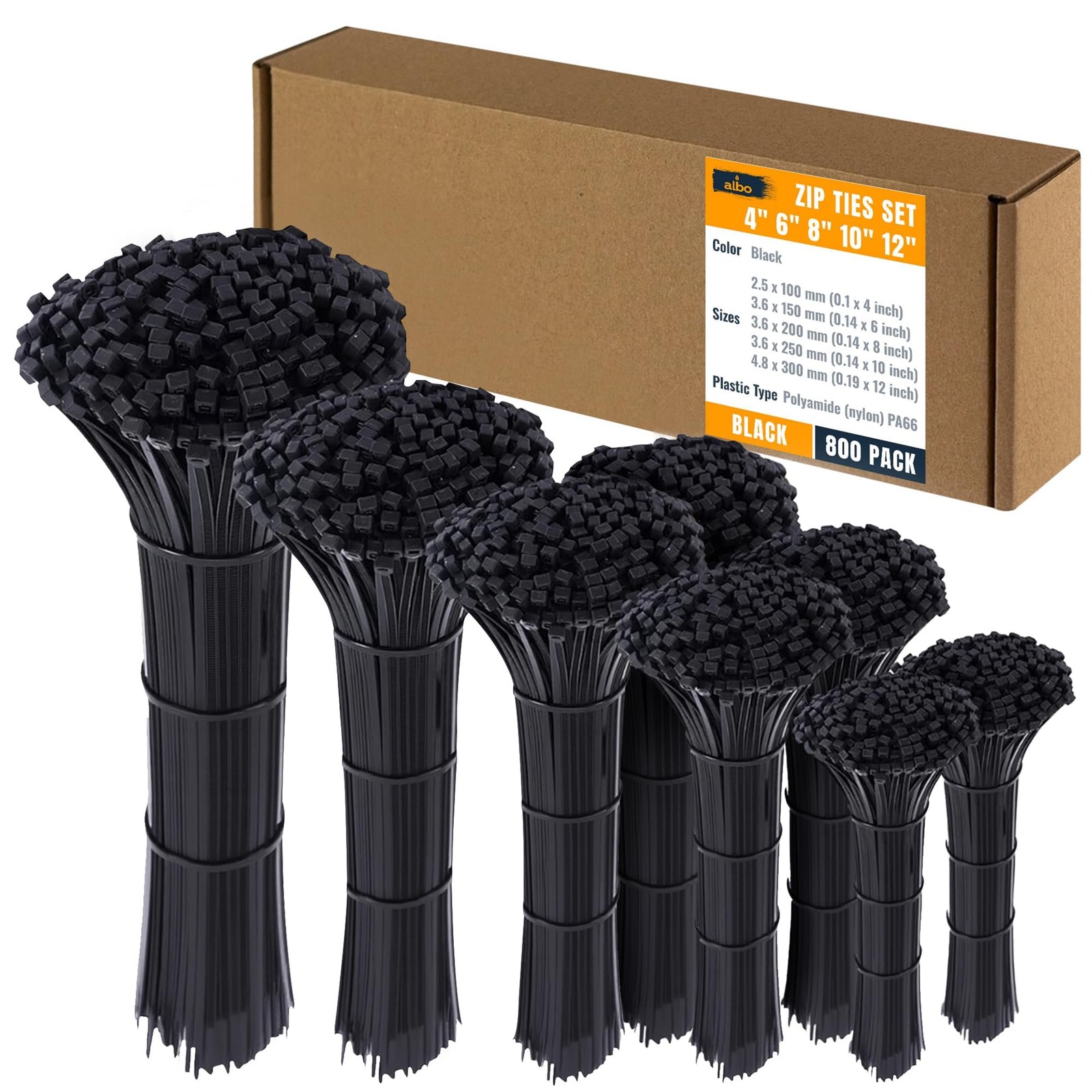 ALBO Black Zip Ties Assorted Sizes 800 800 Pack,