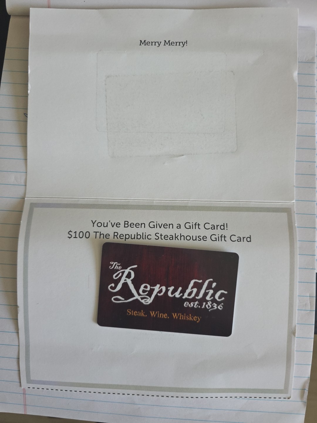 The Repubic Steakhouse $100 Gift Card