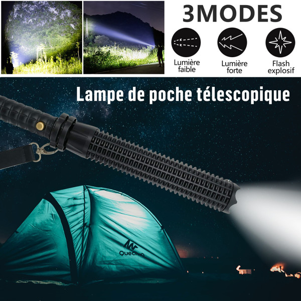 USB Rechargeable LED Flashlight Retractable Torch 3-Mode Zoomable Security Light