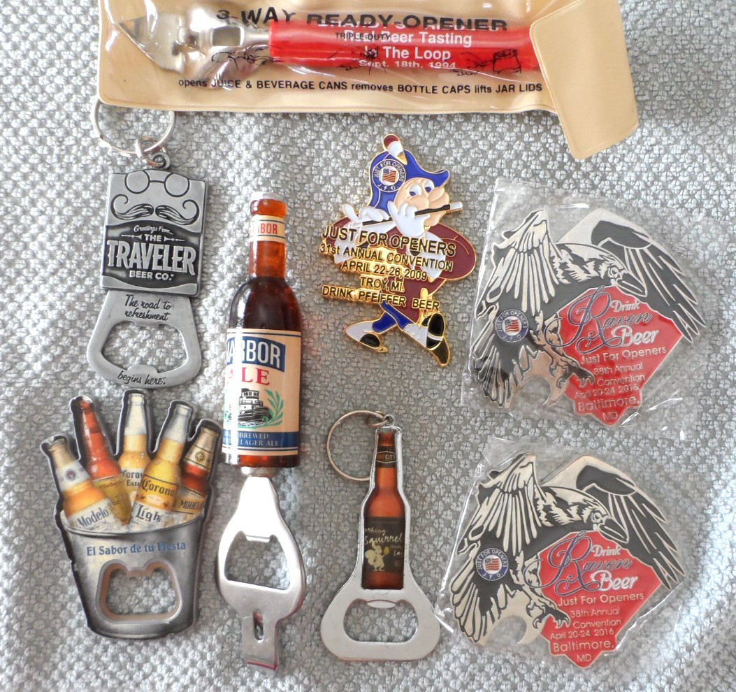 NICE LOT OF (8) ASSORTED BEER BOTTLE OPENERS SEE NOTES  X-302