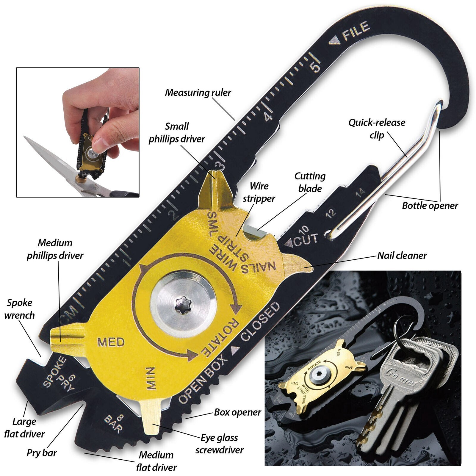 SHTF Survival 20 In 1 Multi-Tool Keychain, Carabiner Attachment, Free Shipping.