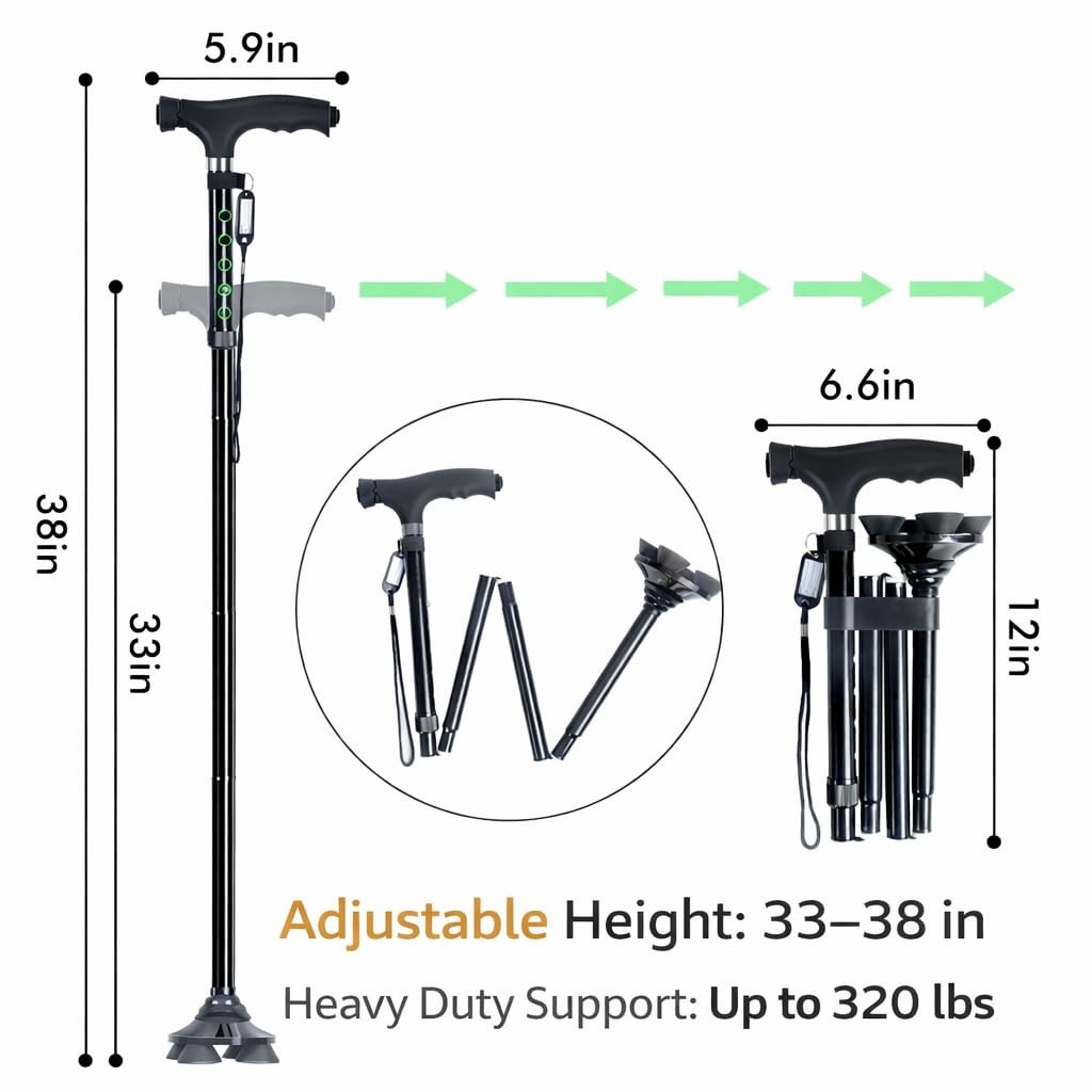 Adjustable Folding Walking Cane for Seniors, Second Handle Stand Assist, Quad...