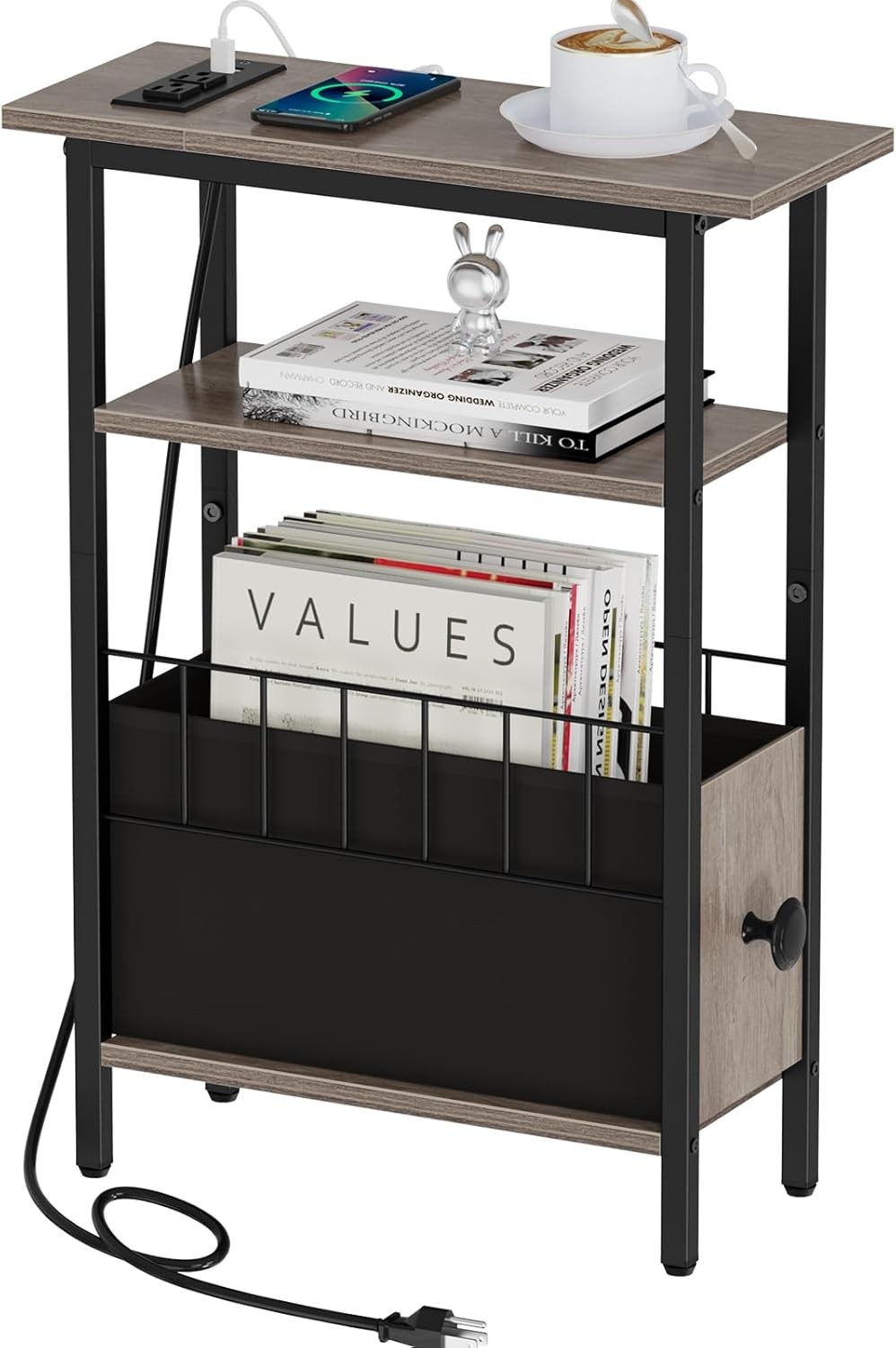 Snughome Narrow Side Table with Charging Station, Slim End for Grey
