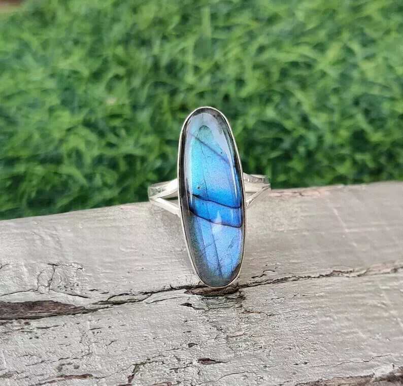 925 Silver Handmade Labradorite Gemstone Beautiful Statement Ring All Size  R55