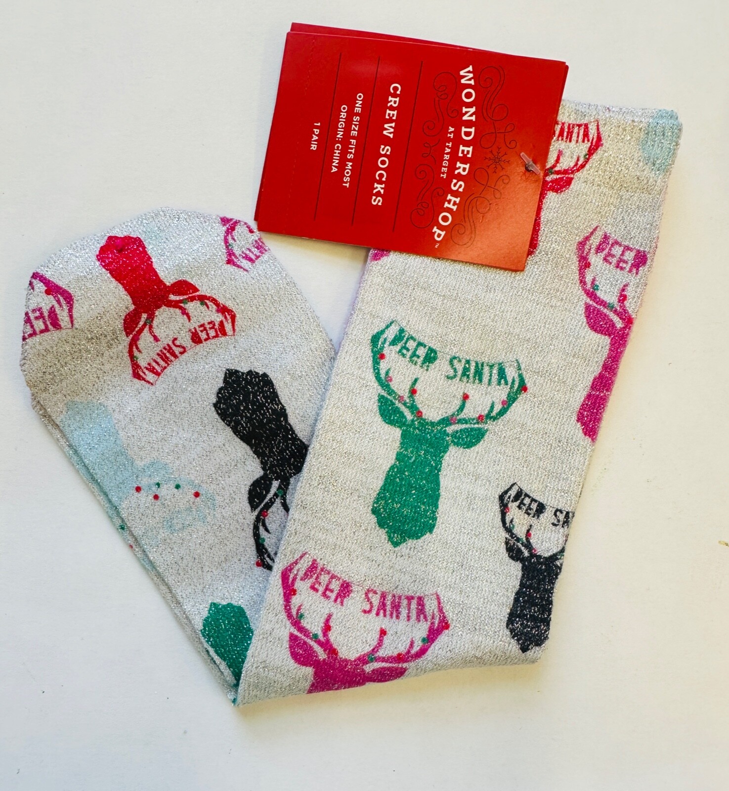 Wondershop Deer Santa Metallic Crew Socks - one size fits most Christmas Holiday