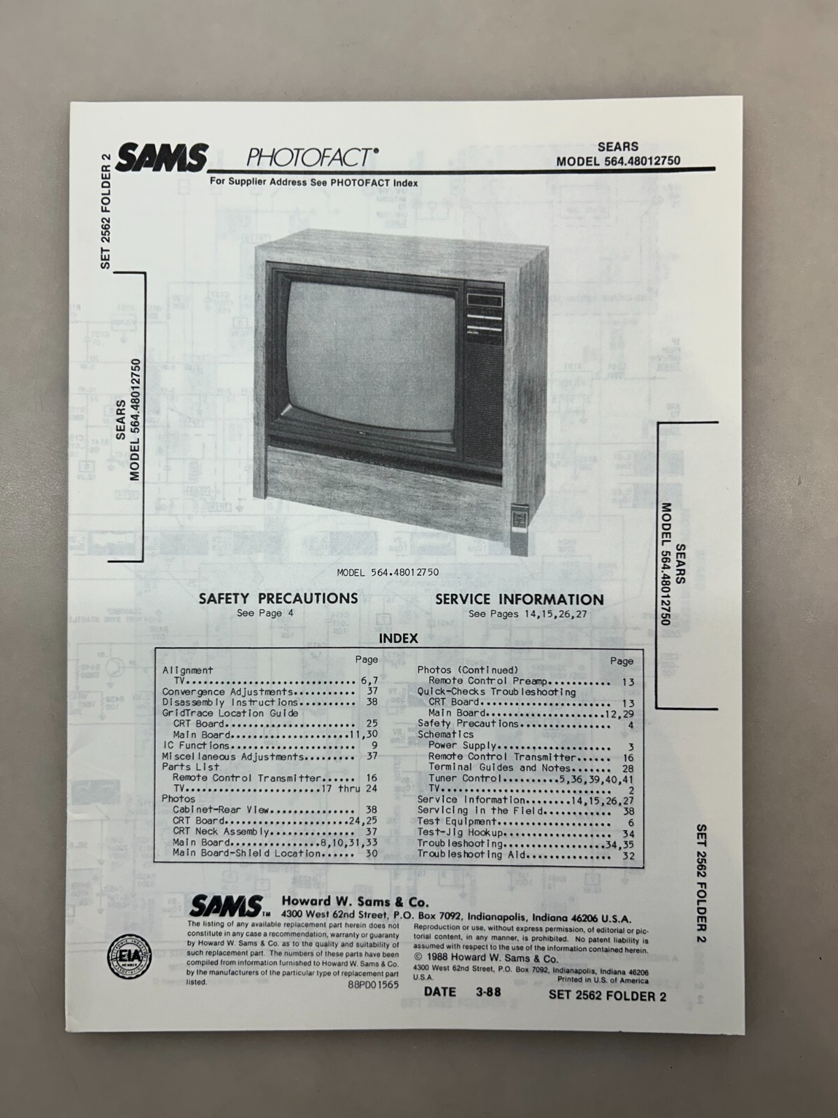 Sears 564.48012750 Service Manual Sams Photofact Free Shipping