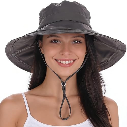 UPF 50+ Women's Sun Hat, Waterproof Wide Brim Bucket Hat, Ponytail Dark Grey