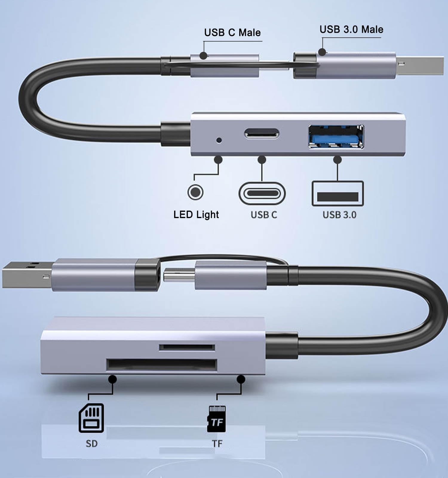 USB C 3.0 SD Card Reader 4 in 1, A&C Hub with Memory Silver Gray