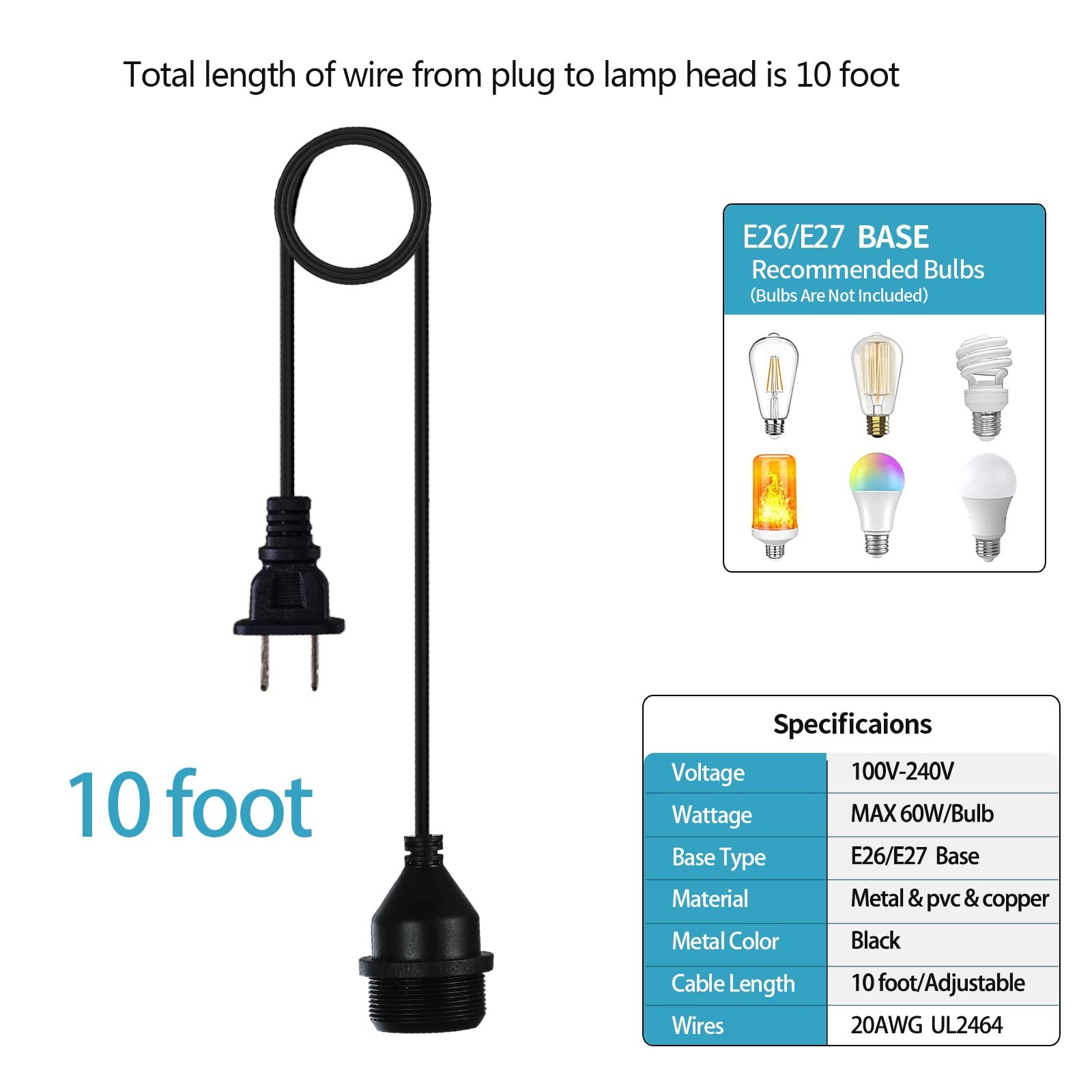Waterproof Temporary Building Lighting Plug E26 E27 Socket W/Wire 10'