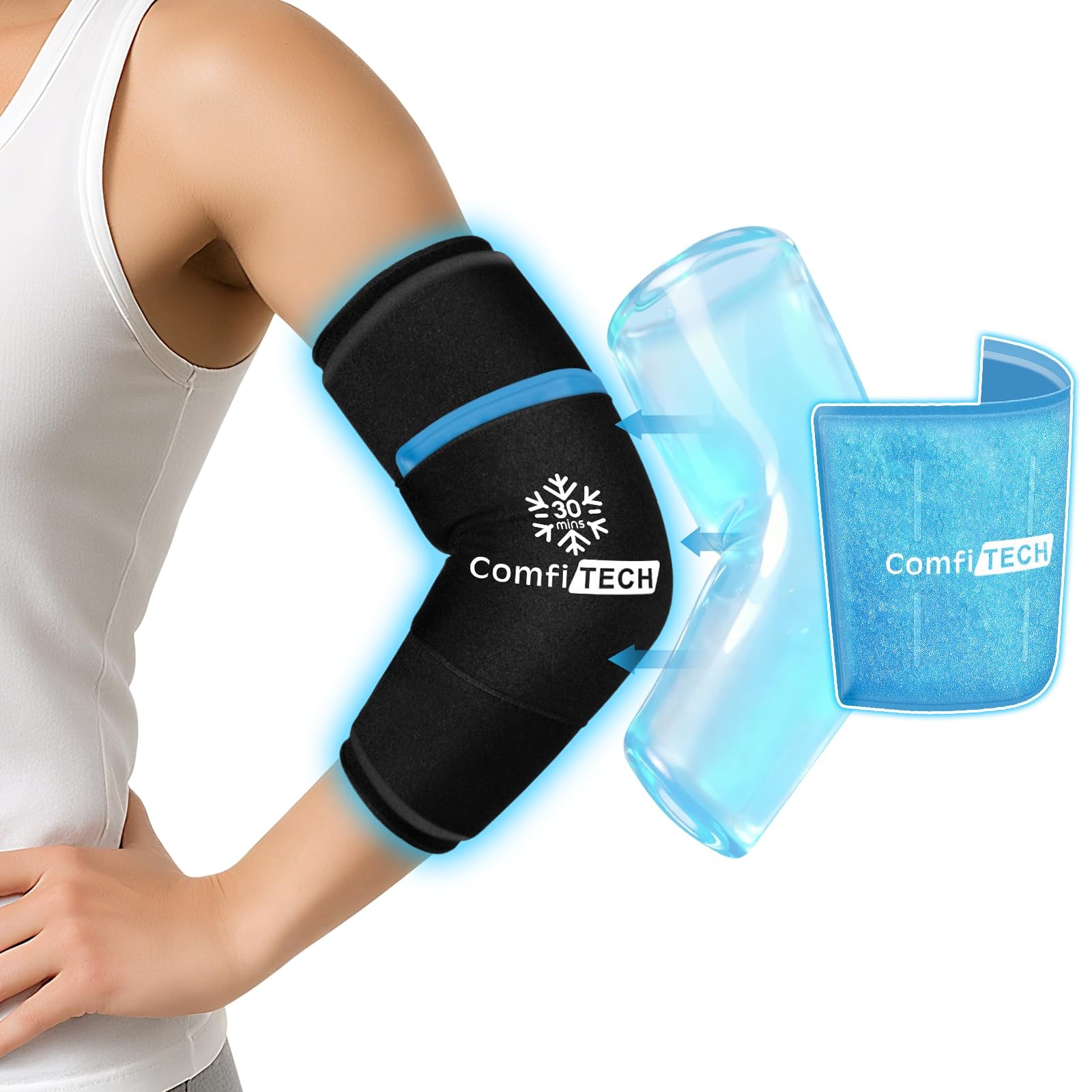 ComfiTECH Dual-Gel Elbow Ice Pack Wrap with Extended 30-Minute Medium, Black