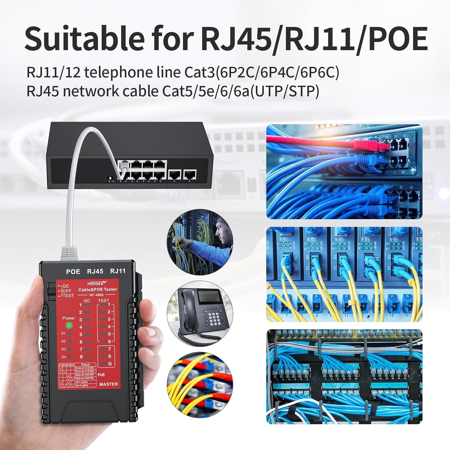 Professional Network Cable Tester for RJ45, RJ11 & PoE | Compact & LED Display