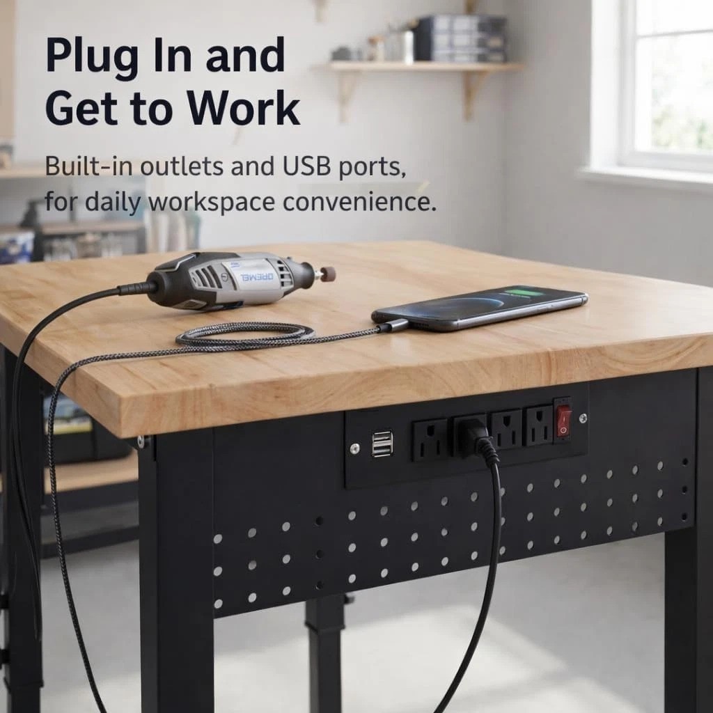 48" Adjustable Height Wood Workbench with Power Outlets - 2000 LB Capacity