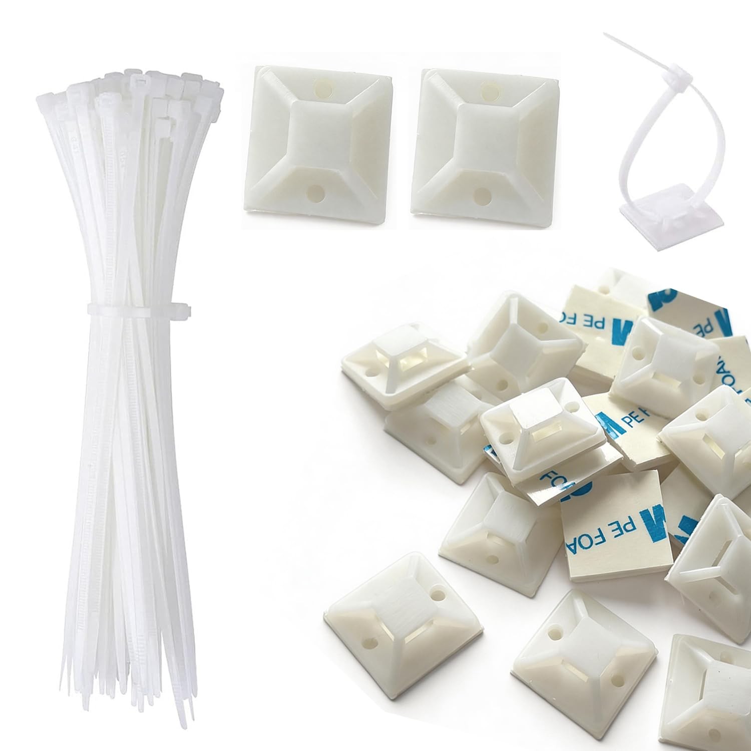 Strong Back-Glue Self Adhesive Cable Zip Tie Mounts Kit - 50 Set Cable Managemen