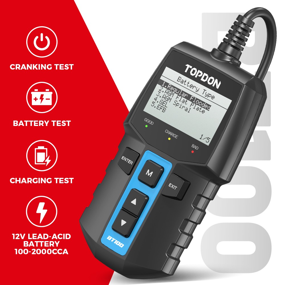 2026 TOPDON BT100 Support AGM EFB GEL Flooded Lead-Acid Batteries 100-2000CCA