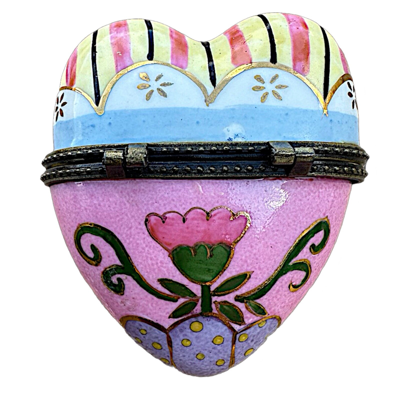 Multicolor ceramic heart-shaped hinged trinket box 3”x 2.5”