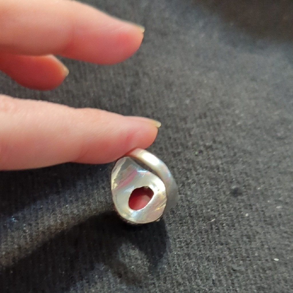 Silver Plated Red Coral Gemstone Oval Chunky Statement Ring - Size 6.5