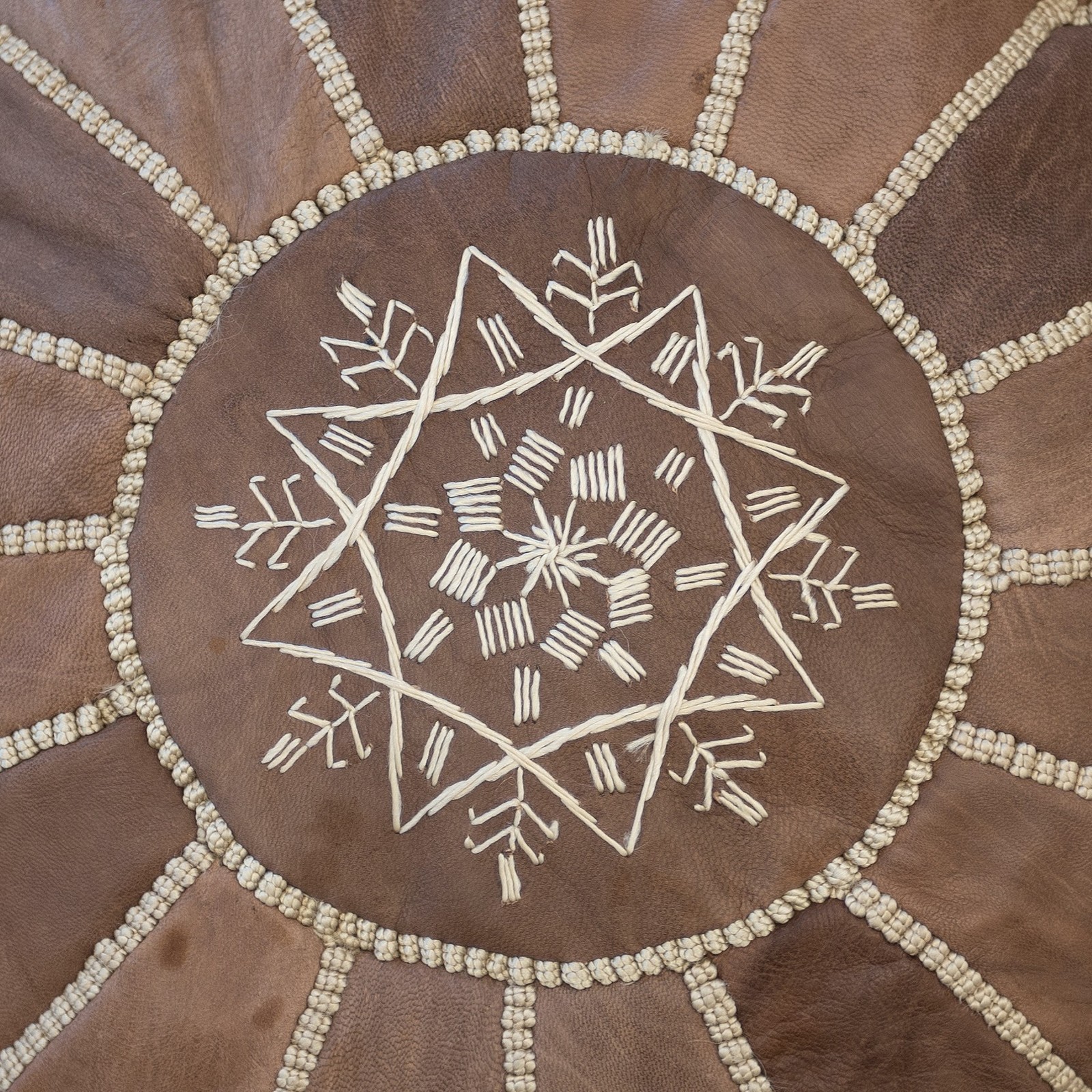 Hand-Tooled Brown Round Geniune Leather Pouf. UNSTUFFED. Custom Option Available