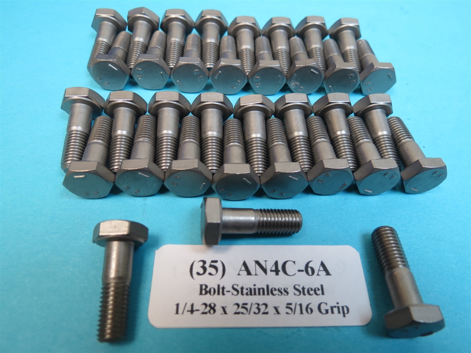 Lot of 35 New AN4C-6A Stainless Steel 1/4-28 x 25/32 x 5/16 Grip Aircraft Bolt
