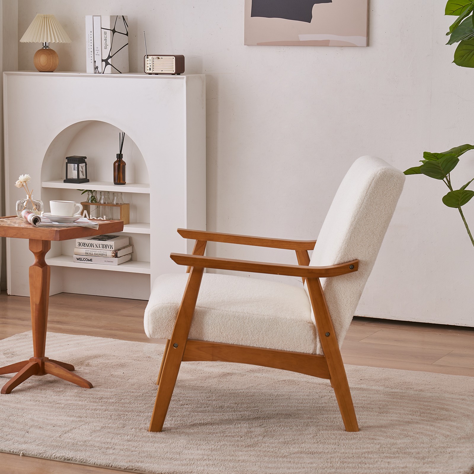 Wood Armrest Teddy Velvet Simple Single Indoor Lounge Chair Backrest Creamy