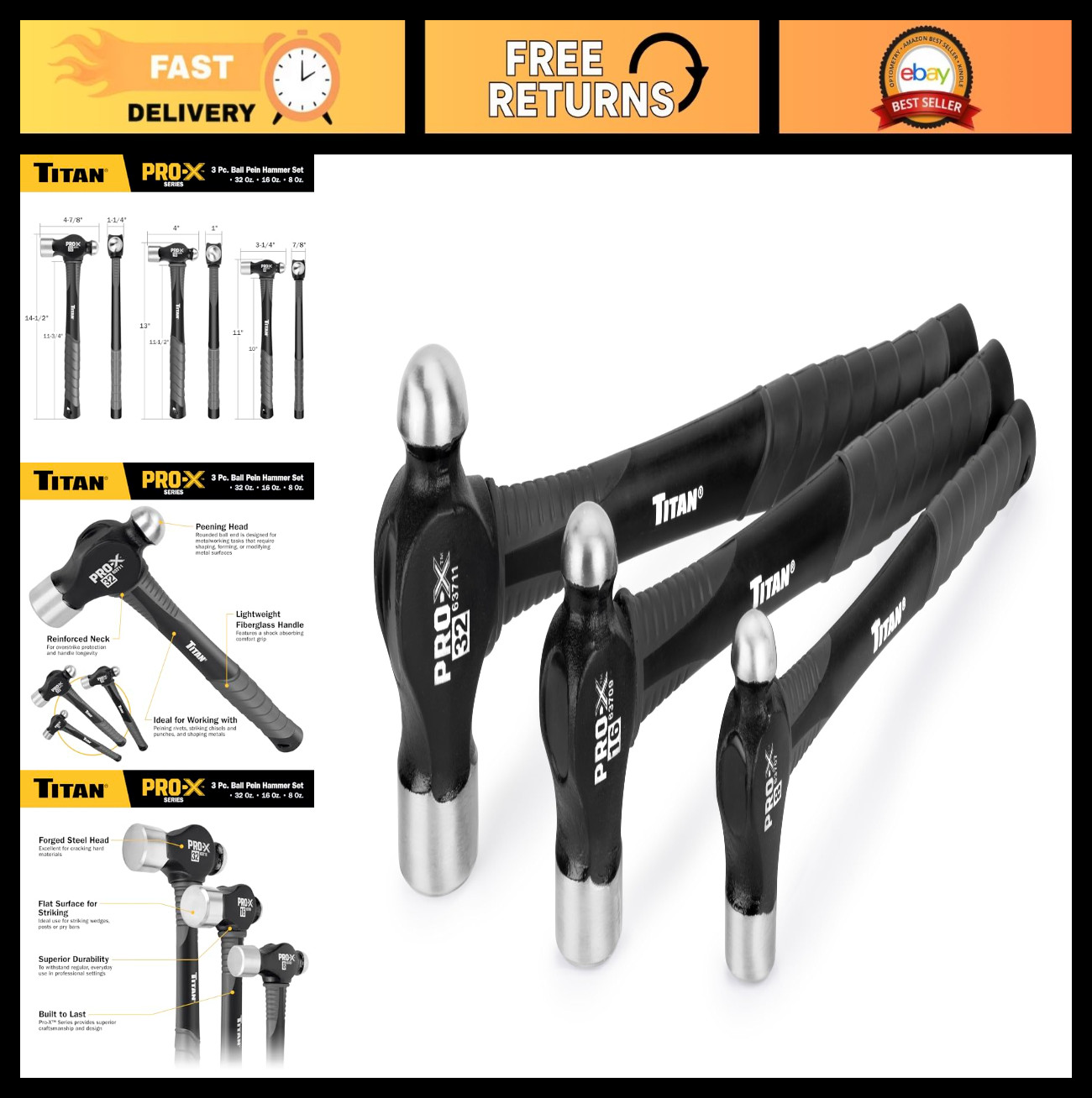 3-Piece Ball Pein Hammer Set - 8oz, 16oz & 32oz, Forged Steel, Shock Absorbing H