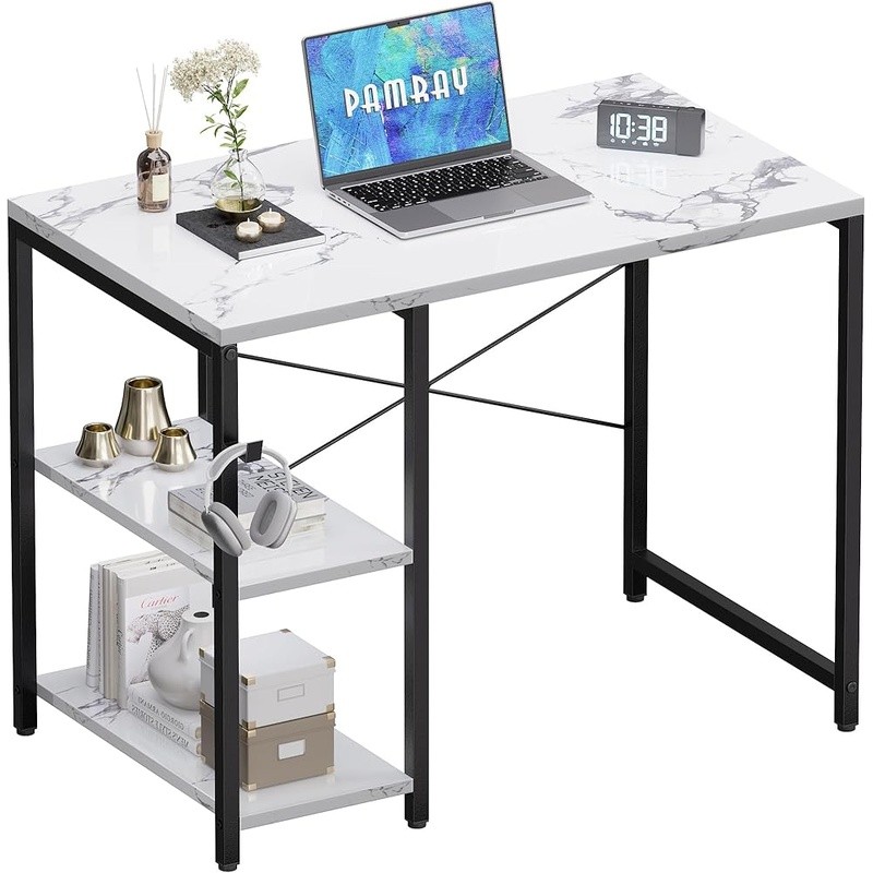 Adjustable Small Desk W/ Shelves & Headphone Hook Compact Gaming Workspace New