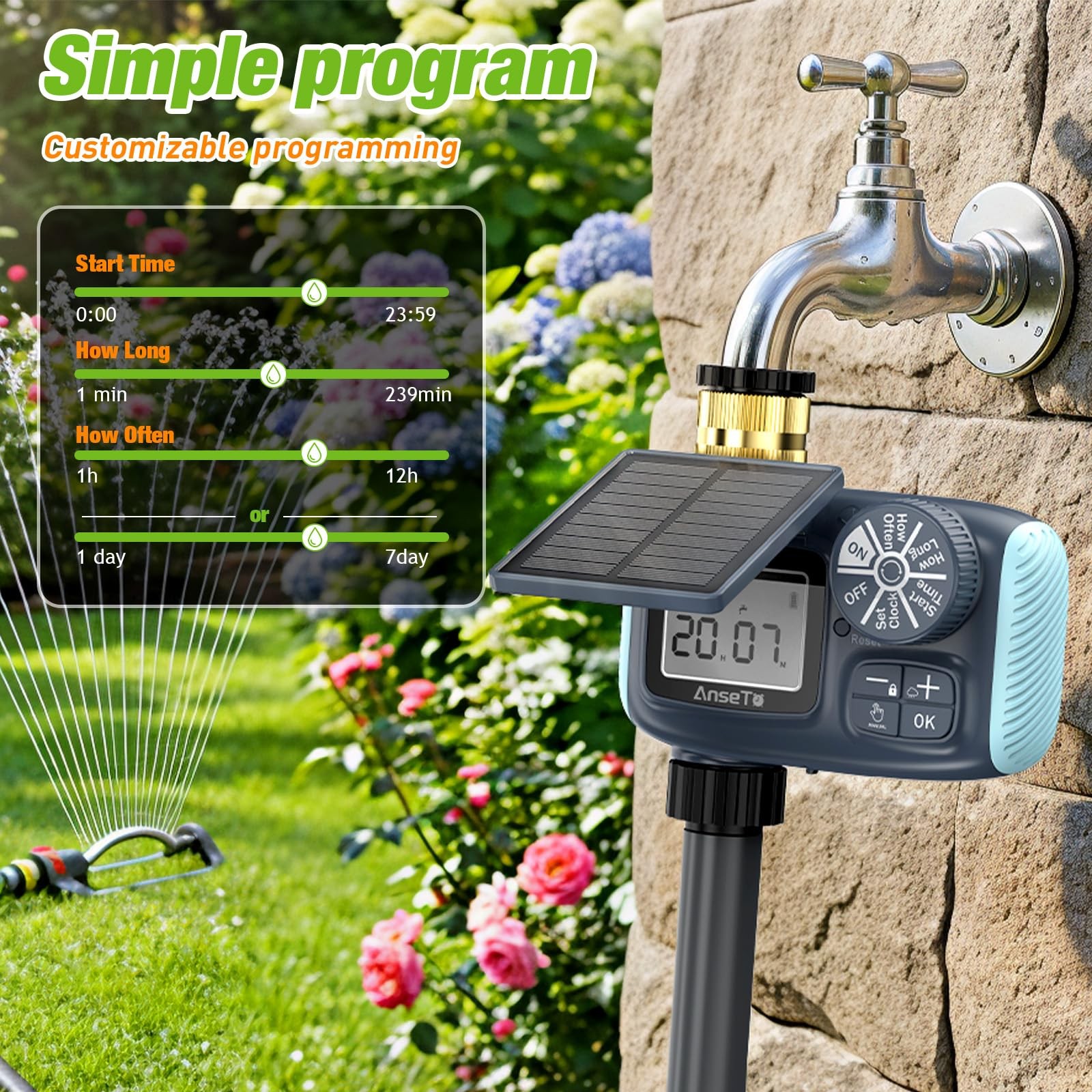 Solar Sprinkler Timer, Type~C Rechargeable, Programmable Faucet Controller