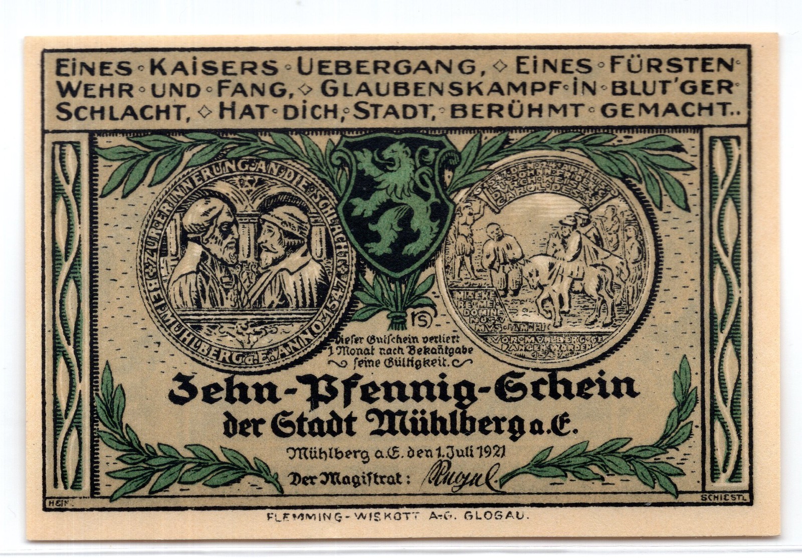 1921 Germany Muhlberg Notgeld 10 Pfennig Note (2741)