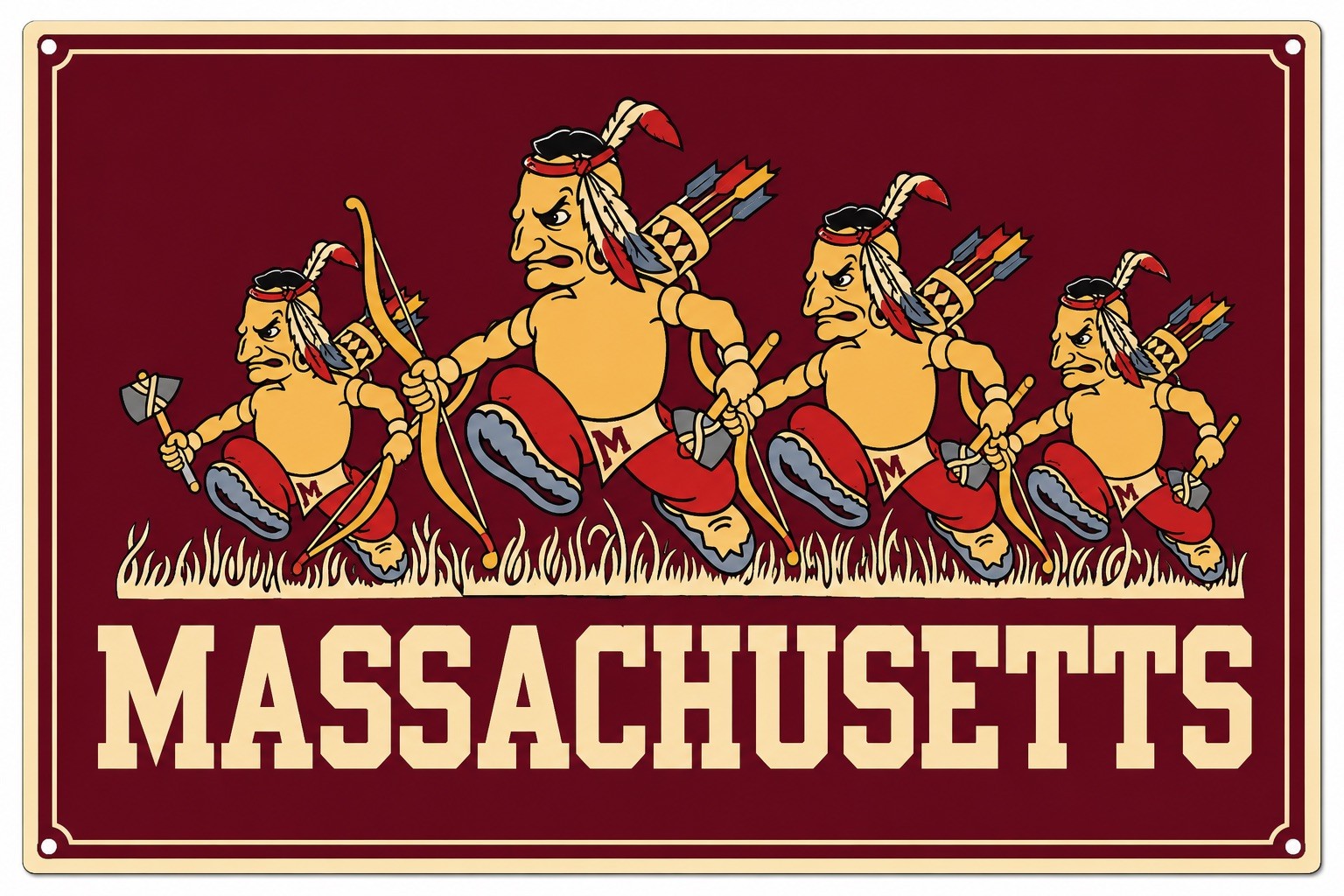 12x8in Metal Sign Massachusetts Metal Sign State Wall Decor Maroon Cream