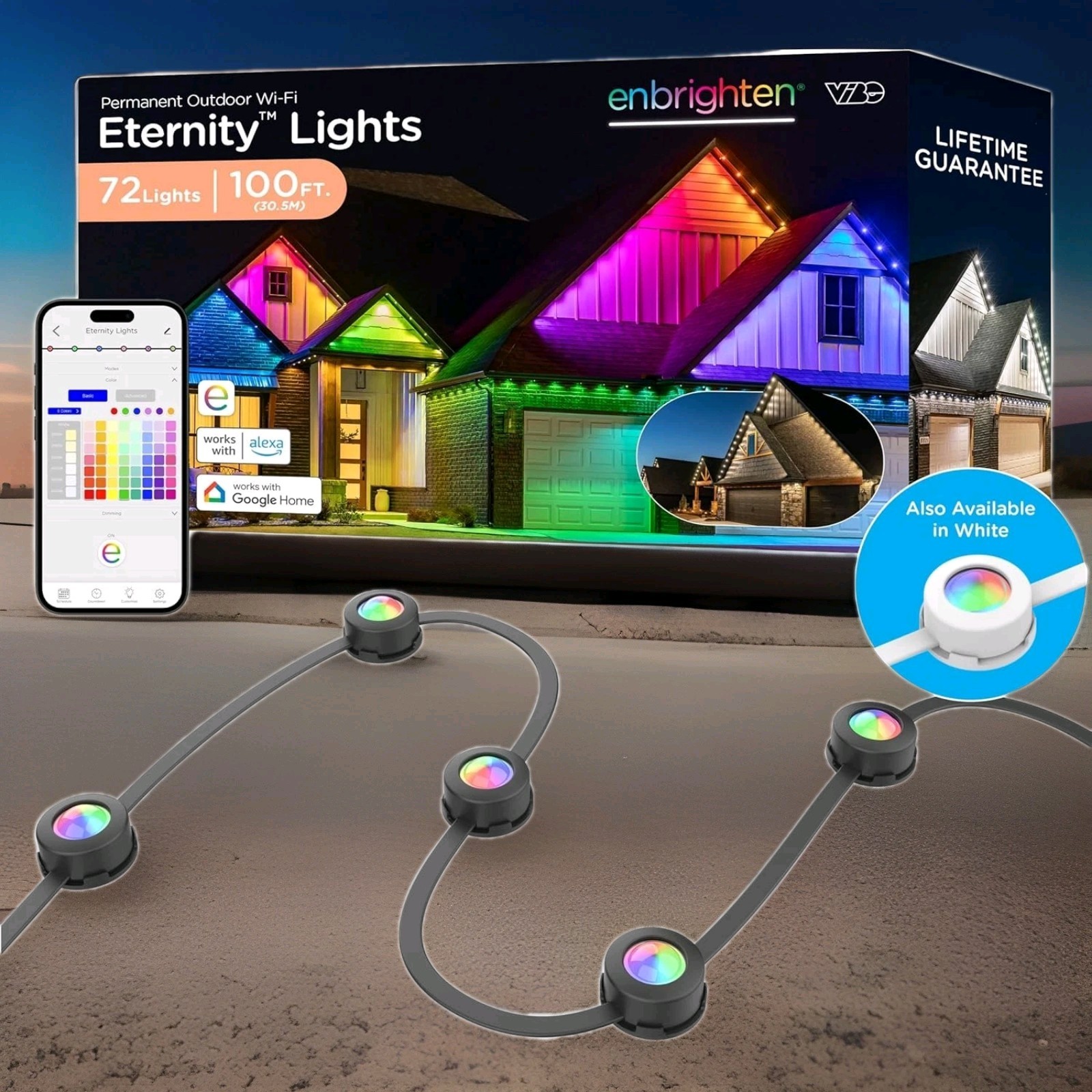 Enbrighten Eternity Permanent Outdoor Lights, 100ft, 72 RGBWIC LEDs - Black