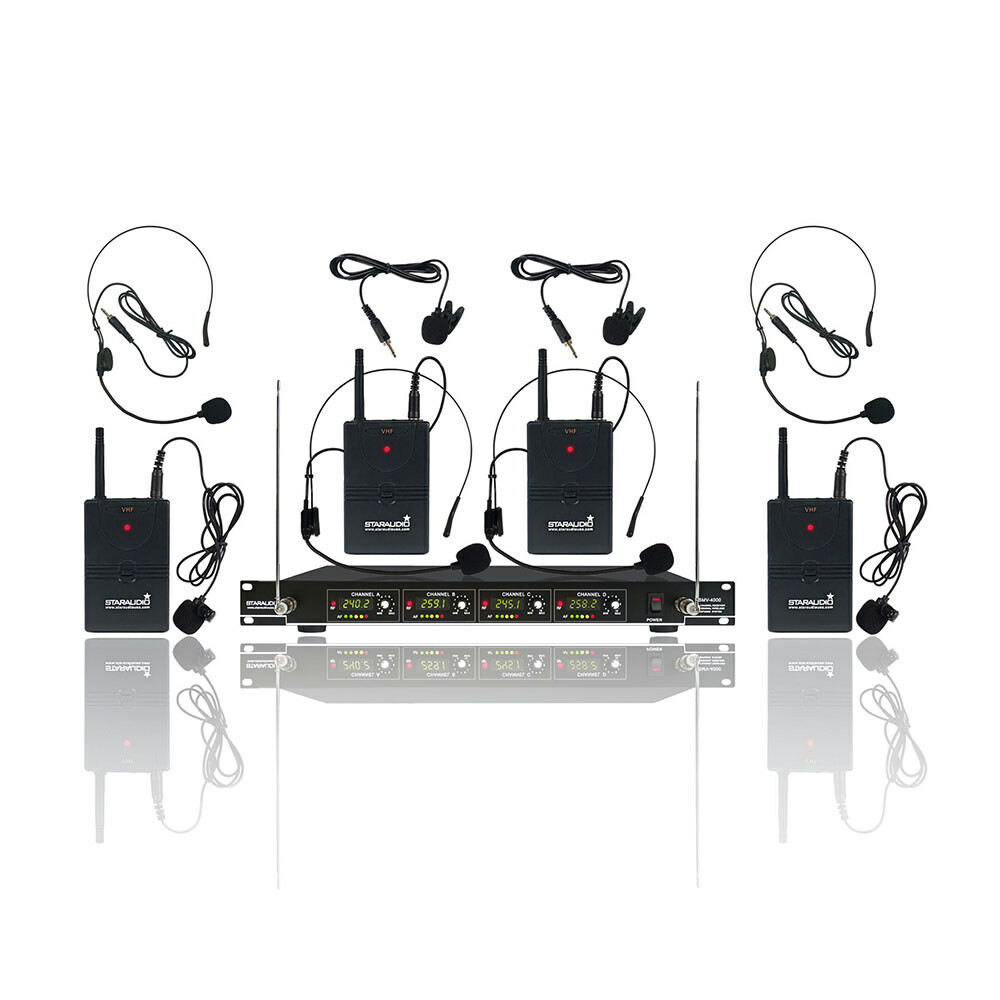 VHF Wireless Microphone Reciever 4CH Headset Lavalier Bodypack Church Microphone